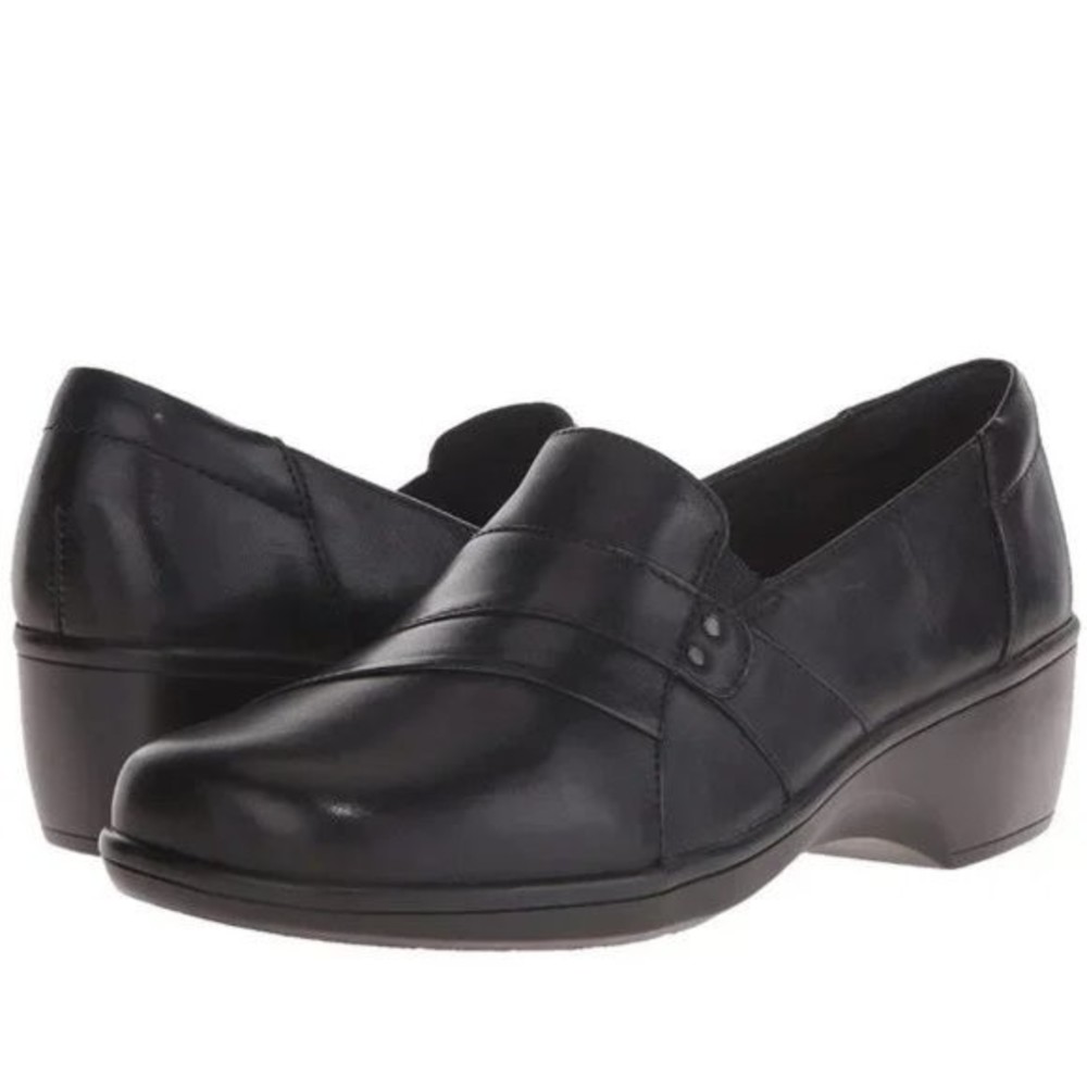 Clarks Womens Size‎ 9.5 May Marigold Black Leather Slip On Clog Loafers Shoes